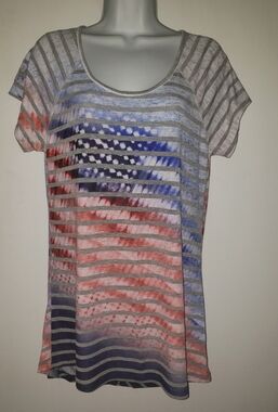 ONE WORLD Scoop Neck Striped Tunic in Red, Blue and Gray Lacey Back Sz Med